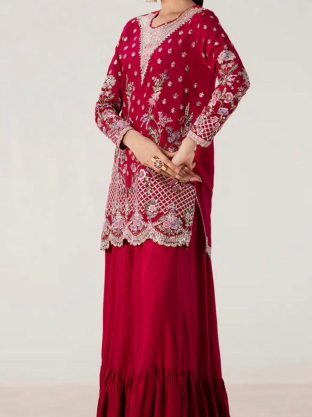 ETHNC Embroidered Deep Pink Wedding Dress with Scalloped Hem